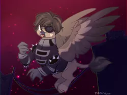 Size: 1024x768 | Tagged: safe, artist:pigeorgien, derpibooru import, oc, oc:plutonium forever, unofficial characters only, gryphon, beak, clothes, eyepatch, female, flying, gloves, image, open beak, open mouth, png, show accurate, solo, space, spread wings, wings