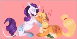 Size: 1112x575 | Tagged: safe, artist:wanderingpegasus, derpibooru import, applejack, rarity, classical unicorn, earth pony, pony, unicorn, alternate hairstyle, applejack's hat, bedroom eyes, blushing, cloven hooves, cowboy hat, eyeshadow, female, freckles, hat, heart, image, leonine tail, lesbian, looking at each other, makeup, mare, markings, pink background, png, rarijack, redesign, shipping, simple background, unshorn fetlocks