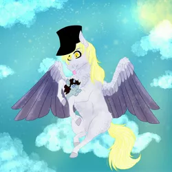 Size: 4000x4000 | Tagged: safe, artist:inisealga, derpibooru import, derpy hooves, oc, oc:coaldust, unofficial characters only, pegasus, pony, unicorn, chest fluff, cloud, colored wings, commission, hat, horn, image, jpeg, neck fluff, plushie, sky, solo, spread wings, sun, unicorn oc, wing fluff, wings