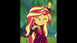 Size: 1280x720 | Tagged: safe, derpibooru import, edit, edited screencap, editor:grapefruitface, screencap, sunset shimmer, equestria girls, animated, dancing, eyes closed, female, image, looped, new order, smiling, smirk, solo, song, sound, true faith, wake up!: pinkie pie, webm, youtube link