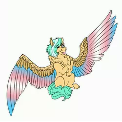 Size: 4000x4000 | Tagged: safe, artist:inisealga, derpibooru import, oc, oc:mango foalix, unofficial characters only, pegasus, pony, absurd resolution, chest fluff, colored wings, eye clipping through hair, eyebrows, eyebrows visible through hair, female, image, jpeg, large wings, looking at you, mare, neck fluff, one eye closed, pegasus oc, simple background, smiling, smiling at you, solo, spread wings, tongue out, transgender, white background, wings, wink, winking at you