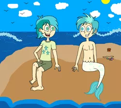 Size: 1654x1470 | Tagged: safe, artist:ocean lover, derpibooru import, sandbar, terramar, bird, human, merboy, mermaid, merman, belly, belly button, chest, clam, clothes, cloud, feet, fins, green eyes, humanized, image, jewelry, laughing, looking at each other, male, male nipples, mermaid tail, necklace, nipples, nudity, ocean, outdoors, pearl necklace, png, rock, shirt, shorts, sitting, smiling, sun, tail, t-shirt, water, wave