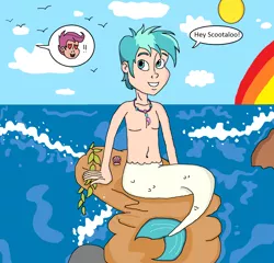 Size: 1762x1692 | Tagged: safe, artist:ocean lover, derpibooru import, scootaloo, terramar, bird, human, merboy, mermaid, merman, belly, belly button, cloud, cute, disney style, female, heart eyes, humanized, image, implied crush, jewelry, male, male nipples, mermaid tail, necklace, nipples, nudity, ocean, outdoors, pearl necklace, png, rainbow, rock, seaweed, shadow, shipping, shipping fuel, sitting, sky, smiling, splash, straight, sun, tail, terrabetes, terraloo, water, wave, wingding eyes, word bubble