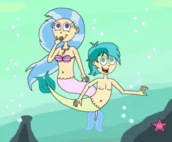 Size: 1624x1346 | Tagged: safe, derpibooru import, sandbar, silverstream, human, mermaid, merman, starfish, belly, belly button, bra, bubble, clothes, cute, friendship student, giggling, green background, happy, humanized, image, jewelry, male, male nipples, mermaidized, midriff, necklace, nipples, nudity, ocean, pearl necklace, png, rock, sandabetes, seashell, seashell bra, simple background, smiling, species swap, swimming, tail, underwater, underwear