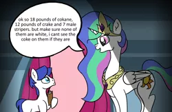 Size: 2000x1300 | Tagged: safe, artist:firestarter, derpibooru import, princess celestia, alicorn, earth pony, pony, clipboard, cocaine, crown, drugs, female, image, implied drug use, jewelry, looking at each other, male, meme, misspelling, png, redraw, regalia, speech bubble, stallion