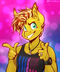 Size: 2979x3582 | Tagged: safe, derpibooru import, oc, oc:honey drizzle, unofficial characters only, anthro, abstract background, american flag, bisexual pride flag, clothes, finger gun, finger guns, flag, grin, hammer, image, jewelry, looking at you, mjölnir, necklace, png, pride, pride flag, raised eyebrow, ring, smiling, tanktop, war hammer, watch, weapon, wristwatch