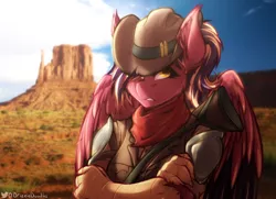 Size: 3000x2176 | Tagged: safe, artist:drizziedoodles, derpibooru import, oc, oc:oxide, unofficial characters only, anthro, original species, bandana, clothes, cowboy hat, crossed arms, female, hat, image, leather vest, lever action rifle, looking at you, png, ponytail, shirt, sling, weapon, wings