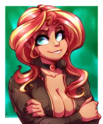 Size: 2086x2500 | Tagged: suggestive, artist:drizziedoodles, derpibooru import, sunset shimmer, human, abstract background, boob freckles, breasts, bust, chest freckles, choker, cleavage, clothes, crossed arms, female, freckles, humanized, image, jacket, leather jacket, mascara, nail polish, nose piercing, piercing, png, smiling