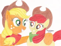 Size: 1024x772 | Tagged: safe, artist:dynamic_eagle, derpibooru import, apple bloom, applejack, earth pony, pony, female, filly, grin, hat, image, jpeg, mare, neckerchief, siblings, smiling