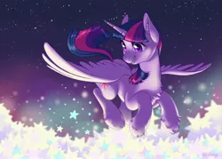 Size: 4096x2925 | Tagged: safe, artist:taytinabelle, derpibooru import, twilight sparkle, twilight sparkle (alicorn), alicorn, pony, chest fluff, ear fluff, female, flying, high res, image, jpeg, leg fluff, mare, night, sky, smiling, solo, spread wings, stars, wings