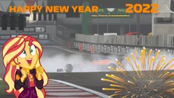 Size: 1920x1080 | Tagged: safe, derpibooru import, sunset shimmer, equestria girls, equestria girls series, sunset's backstage pass!, spoiler:eqg series (season 2), burnout, excited, f1 2021, f1 car, female, formula 1, game, happy new year, holiday, image, new years eve, png, smoke, solo