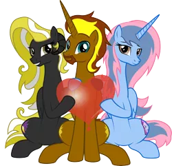 Size: 4004x3856 | Tagged: safe, artist:lightning stripe, derpibooru import, oc, oc:liliosa, oc:prince cosmic light, oc:princess sorraia, unofficial characters only, alicorn, original species, pony, derpibooru community collaboration, 2022 community collab, alicorn oc, balloon, beard, black coat, blue coat, blue eyes, both cutie marks, brown coat, brown eyes, commission, curved horns, derpibooru exclusive, facial hair, female, grin, heart balloon, horn, hug, image, male, mare, pink mane, png, rilacorn, show accurate, simple background, sitting, smiling, sorright, stallion, transparent background, trio, two toned mane, vector, wings, yellow mane