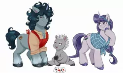 Size: 2218x1319 | Tagged: safe, artist:sallylla, derpibooru import, oc, oc:mallow mist, oc:mighty spruce, pony, unicorn, my little pony: a new generation, alphabittle blossomforth, apron, bangs, blaze (coat marking), butt freckles, card, chest fluff, child, clothes, coat markings, colt, cute, cutie mark, eyebrows, facial markings, family, father and child, father and son, female, fluffy, foal, freckles, g5, hairband, heart, heart hoof, hooves, image, jpeg, lidded eyes, male, mare, messy mane, mother and child, mother and son, parent, raised eyebrow, raised leg, ribbon, scarf, simple background, sitting, smiling, socks (coat marking), stallion, standing, tail, unshorn fetlocks, younger
