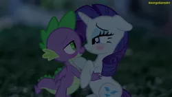 Size: 2048x1152 | Tagged: safe, artist:georgegarza01, derpibooru import, rarity, spike, dragon, pony, unicorn, blushing, female, floppy ears, happy new year, happy new year 2022, holiday, hoof on chin, image, jpeg, looking at each other, looking at someone, male, nose to nose, shipping, sparity, straight, winged spike, wings