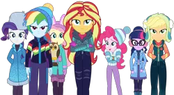 Size: 5409x2934 | Tagged: safe, artist:sketchmcreations, derpibooru import, applejack, fluttershy, pinkie pie, rainbow dash, rarity, sci-twi, spike, sunset shimmer, twilight sparkle, bird, owl, equestria girls, equestria girls series, holidays unwrapped, spoiler:eqg series (season 2), chocolate, clothes, coat, crossed arms, cup, earmuffs, female, food, group shot, hand in pocket, hat, hot chocolate, image, jacket, lidded eyes, looking forward, mane seven, mane six, pants, png, scarf, simple background, smiling, toque, transparent background, vector, walking, winter break-in, winter outfit