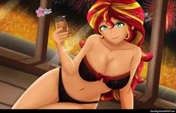 Size: 1245x800 | Tagged: suggestive, alternate version, artist:clouddg, derpibooru import, sunset shimmer, equestria girls, bra, breasts, busty sunset shimmer, champagne glass, clothes, fireworks, happy new year 2022, image, panties, png, underwear