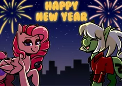 Size: 4093x2894 | Tagged: safe, artist:jellysiek, derpibooru import, oc, oc:joyful jewel, oc:milli, earth pony, pegasus, pony, eponafest, female, fireworks, happy new year, happy new year 2022, holiday, image, jpeg, mare, mascot