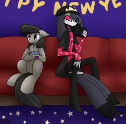 Size: 2188x2140 | Tagged: safe, artist:the-furry-railfan, derpibooru import, octavia melody, bird, demon, earth pony, owl, beanie hat, clothes, couch, happy new year, helluva boss, holiday, image, listening to music, mobile phone, octavia (helluva boss), phone, png, relaxing, sitting, smartphone, walkman