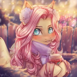 Size: 3000x3000 | Tagged: safe, artist:zefirka, derpibooru import, fluttershy, pegasus, pony, blushing, cheek fluff, clothes, coat, coffee cup, cup, cute, earmuffs, fence, happy new year, happy new year 2022, heart, high res, holiday, hoof hold, image, looking at you, new year, png, scarf, shyabetes, smiling, snow, snowfall, solo, speedpaint, starbucks, winter