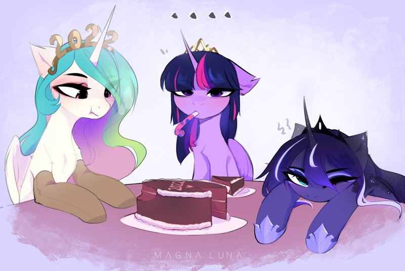 Size: 2612x1746 | Tagged: safe, artist:magnaluna, derpibooru import, princess celestia, princess luna, twilight sparkle, twilight sparkle (alicorn), alicorn, ..., cake, cakelestia, clothes, eating, female, food, happy new year 2022, image, jpeg, mood, one eye closed, royal sisters, siblings, sisters, socks