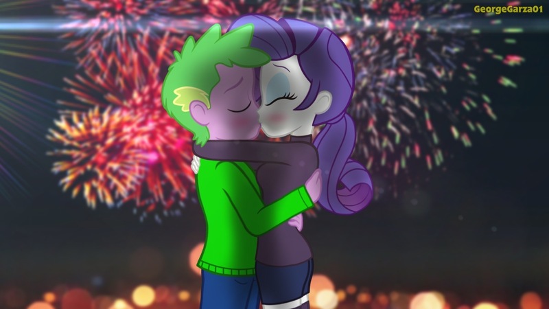 Size: 2048x1152 | Tagged: safe, artist:georgegarza01, derpibooru import, rarity, spike, human, blushing, eyes closed, female, fireworks, happy new year, happy new year 2022, holiday, humanized, image, jpeg, kissing, male, shipping, sparity, straight