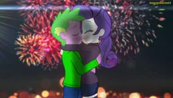 Size: 2048x1152 | Tagged: safe, artist:georgegarza01, derpibooru import, rarity, spike, human, blushing, eyes closed, female, fireworks, happy new year, happy new year 2022, holiday, humanized, image, jpeg, kissing, male, shipping, sparity, straight