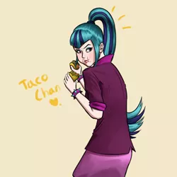 Size: 3508x3508 | Tagged: safe, artist:guyser3, derpibooru import, sonata dusk, human, equestria girls, female, food, humanized, image, jpeg, looking back, simple background, solo, sonataco, taco, that girl sure loves tacos, yellow background