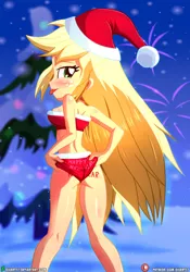 Size: 1500x2143 | Tagged: suggestive, artist:dieart77, derpibooru import, applejack, human, christmas, clothes, costume, fireworks, freckles, happy new year, happy new year 2022, hat, holiday, humanized, image, jpeg, looking at you, looking back, looking back at you, santa costume, santa hat, stupid sexy applejack, tongue out