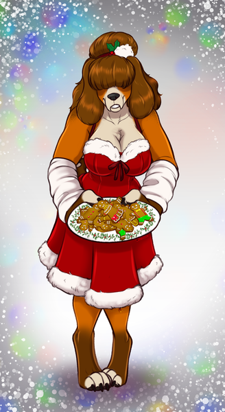 Size: 1382x2529 | Tagged: safe, artist:blackblood-queen, derpibooru import, oc, unofficial characters only, anthro, diamond dog, digitigrade anthro, blushing, breasts, christmas, cleavage, clothes, commission, cookie, diamond dog oc, digital art, female, food, hair bun, hair over eyes, hearth's warming, holiday, holly, image, png, tray