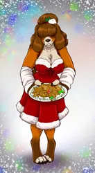 Size: 1382x2529 | Tagged: safe, artist:blackblood-queen, derpibooru import, oc, unofficial characters only, anthro, diamond dog, digitigrade anthro, blushing, breasts, christmas, cleavage, clothes, commission, cookie, diamond dog oc, digital art, female, food, hair bun, hair over eyes, hearth's warming, holiday, holly, image, png, tray