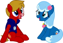 Size: 2500x1723 | Tagged: safe, derpibooru import, oc, oc:max mustang, oc:sea foam ep, unofficial characters only, earth pony, pony, derpibooru, derpibooru community collaboration, 2022 community collab, armor node, clothes, female, flower on ear, image, lei, looking up, magic pearl, male, mare, meta, png, sitting, snow tip nose, stallion, vector, vest