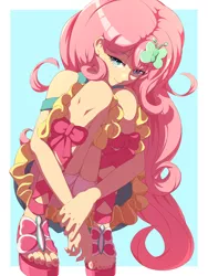 Size: 3000x4000 | Tagged: safe, artist:rockset, ponybooru import, fluttershy, equestria girls, bloomers, clothes, dress, female, image, open-toed shoes, panties, png, sandals, sitting, smiling, solo, underwear