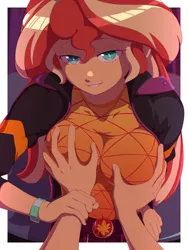Size: 1200x1600 | Tagged: suggestive, artist:rockset, ponybooru import, sunset shimmer, equestria girls, bedroom eyes, breast fondling, breast grab, breasts, busty sunset shimmer, female, female focus, grope, image, looking at you, offscreen character, png, smiling, smiling at you, solo focus