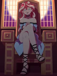 Size: 1200x1600 | Tagged: safe, artist:rockset, ponybooru import, sunset shimmer, undead, vampire, equestria girls, chair, choker, clothes, crossed legs, dress, female, full moon, image, jpeg, looking at you, moon, off shoulder, sandals, sitting, solo, vampire shimmer