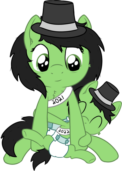 Size: 905x1270 | Tagged: safe, artist:craftycirclepony, derpibooru import, oc, oc:anonfilly, unofficial characters only, pony, 2021, 2022, adoranon, baby, baby new year, bags under eyes, cheek fluff, chest fluff, cute, diaper, duo, ear fluff, eyes closed, female, filly, foal, happy, hat, holding, image, leaning, lidded eyes, looking down, messy mane, messy tail, new year, non-baby in diaper, png, raised leg, sash, simple background, sitting, smiling, tail, top hat, transparent background, underhoof