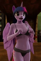 Size: 1080x1620 | Tagged: suggestive, artist:stellarator, derpibooru import, twilight sparkle, twilight sparkle (alicorn), alicorn, anthro, unguligrade anthro, comic:a morning with the night, comic:a morning with the night part 5, 3d, belly button, blender, bra, breasts, clothes, cycles, image, lingerie, not sfm, panties, png, sexy, underwear