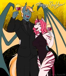Size: 3400x3900 | Tagged: safe, artist:hasana-chan, derpibooru import, oc, oc:impala lily, oc:rocket burst, unofficial characters only, anthro, bat pony, hybrid, unguligrade anthro, unicorn, zony, alcohol, anthro oc, arm around back, bat pony oc, bat wings, breasts, clothes, commission, couple, dress, fangs, female, fireworks, gift art, glass, happy new year, happy new year 2022, holiday, horn, image, male, necktie, oc x oc, open mouth, png, racing stripes, shipping, side slit, slit pupils, smiling, straight, suit, unicorn oc, wine, wine glass, wings, zony oc