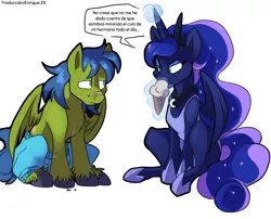 Size: 1280x1032 | Tagged: safe, artist:bluntwhiskey, derpibooru import, edit, editor:enrique zx, princess luna, oc, oc:rally flag, pegasus, pony, angry, annoyed, clothes, eye contact, food, frown, ice cream, image, jealous, looking at each other, looking at someone, magic, one-piece swimsuit, partial nudity, png, rallyluna, scar, shipping, simple background, sitting, spanish, spanish text, swimsuit, tanktop, telekinesis, topless, translation, translator:enrique zx, unshorn fetlocks, vulgar