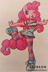 Size: 1024x1512 | Tagged: safe, artist:shadowhawx, derpibooru import, pinkie pie, anthro, earth pony, plantigrade anthro, clothes, denim skirt, female, image, jpeg, one eye closed, open mouth, open smile, shirt, shoes, skirt, smiling, sneakers, solo, striped shirt