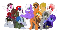 Size: 5100x2700 | Tagged: safe, artist:ponynamedmixtape, derpibooru import, oc, oc:aero glade, oc:capslockgotstuck, oc:cobalt ribbon, oc:deepest apologies, oc:eternia, oc:firestarter, oc:greyscale, oc:infinatus amor, oc:lyric, oc:mixtape, oc:nimpone, oc:scribbles, oc:seafood dinner, oc:wrench turner, unofficial characters only, bat pony, changeling, earth pony, pegasus, unicorn, derpibooru community collaboration, 2022 community collab, female, group, hug, image, lifted up, male, png, simple background, transparent background