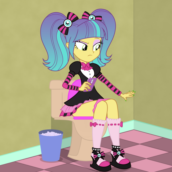 Size: 1500x1500 | Tagged: suggestive, artist:lightning_musicwave, derpibooru import, pixel pizazz, equestria girls, but why, clothes, explicit source, image, nail polish, panties, panties around legs, panties pulled down, phone, pixel pizzaz, png, solo, toilet, trash can, underwear