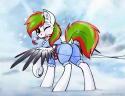 Size: 2257x1732 | Tagged: safe, artist:kapusta123, derpibooru import, oc, pegasus, pony, candy, carriage, clothes, food, happy new year, holiday, image, jpeg, lollipop, male, one eye closed, raised tail, smiling, solo, spread wings, tail, wings, wink, winter