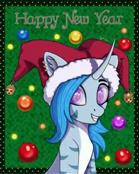 Size: 2700x3375 | Tagged: safe, artist:ingolf arts, derpibooru import, oc, oc:pearl wave, unofficial characters only, original species, pony, shark, shark pony, unicorn, bust, christmas, clothes, cute, female, fish tail, grin, hat, hight res, holiday, horn, image, jpeg, looking at you, mare, new year, santa hat, simple background, smiling, smiling at you, solo