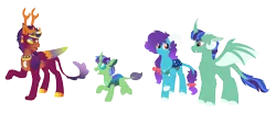 Size: 7000x2881 | Tagged: safe, artist:queenderpyturtle, derpibooru import, oc, oc:chrysocolla, oc:larynx, oc:malachite, unofficial characters only, hybrid, sphinx, absurd resolution, image, interspecies offspring, offspring, parent:princess ember, parents:embrax, parent:thorax, png, simple background, transparent background