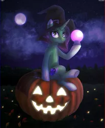 Size: 1165x1411 | Tagged: safe, artist:moonsun, derpibooru import, oc, oc:moonsun, unofficial characters only, pony, unicorn, clothesmoon, cute, female, halloween, hat, holiday, horn, image, jack-o-lantern, jpeg, looking at you, mare, moon, night, pumpkin, smiling, smiling at you, solo, stars, tail, witch, witch hat