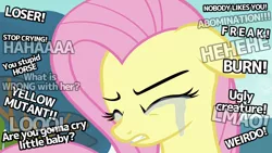 Size: 1280x720 | Tagged: safe, derpibooru import, edit, edited screencap, screencap, fluttershy, pegasus, pony, hurricane fluttershy, abuse, crying, eyes closed, female, floppy ears, flutterbuse, image, png, sad, solo, you monster
