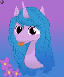Size: 2512x3000 | Tagged: safe, artist:terminalhash, derpibooru import, izzy moonbow, pony, unicorn, bust, flower, g5, gradient background, image, lilac, mlem, png, portrait, silly, solo, tongue out, vector