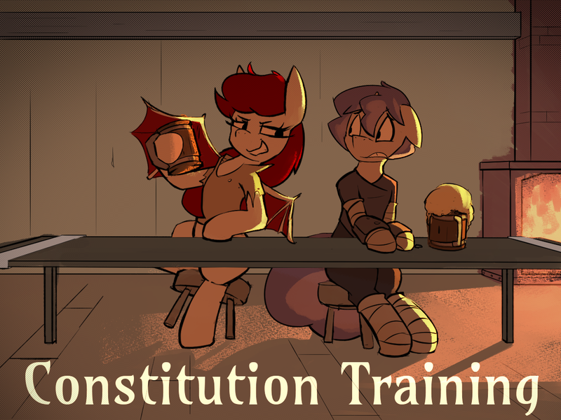 Size: 1152x864 | Tagged: safe, artist:triplesevens, derpibooru import, oc, oc:sarsaparilla surprise, oc:triple sevens, unofficial characters only, bat pony, pony, unicorn, /mlptg/ the bannermanes, alcohol, duo, fantasy class, fireplace, image, indoors, mug, png