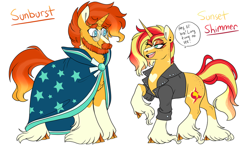 Size: 5000x3000 | Tagged: safe, artist:gingygin, derpibooru import, sunburst, sunset shimmer, pony, unicorn, beard, brother and sister, clothes, cloven hooves, facial hair, female, image, jacket, leather jacket, male, older, older sunburst, png, raised hoof, siblings, simple background, sunny siblings, unshorn fetlocks, white background