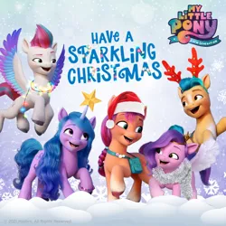 Size: 1080x1080 | Tagged: safe, derpibooru import, official, hitch trailblazer, izzy moonbow, pipp petals, sunny starscout, zipp storm, earth pony, pegasus, pony, unicorn, my little pony: a new generation, bad, badge, christmas, christmas lights, clothes, fake antlers, female, g5, hat, holiday, image, izzy impaling things, jpeg, male, mane five (g5), mare, my little pony: a new generation logo, santa hat, satchel, scarf, snow, snowfall, snowflake, stallion, text